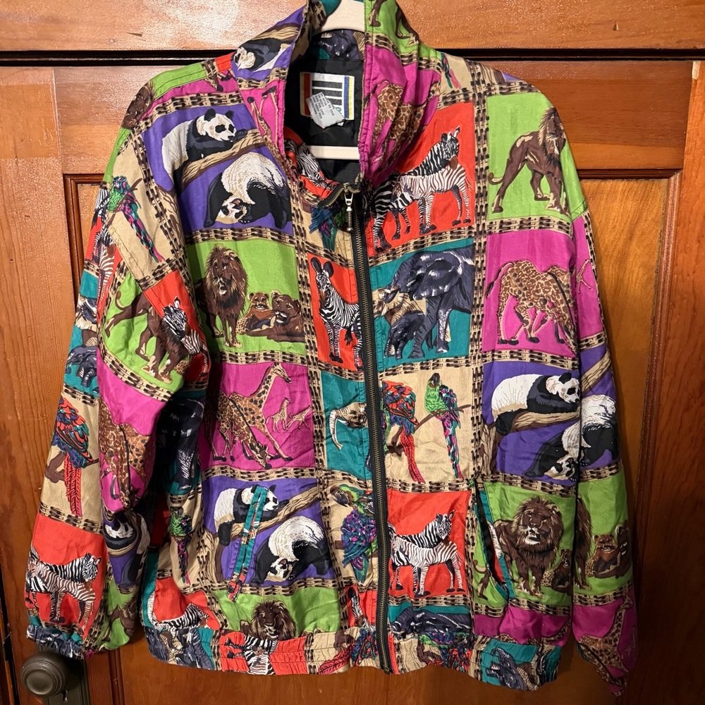 VTG 80s 90s EVR full zip silk zoo animal windbreaker